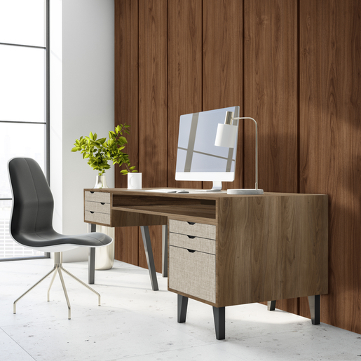 Side view on modern home office table with computer, chair, light interior and big window. 3D rendering